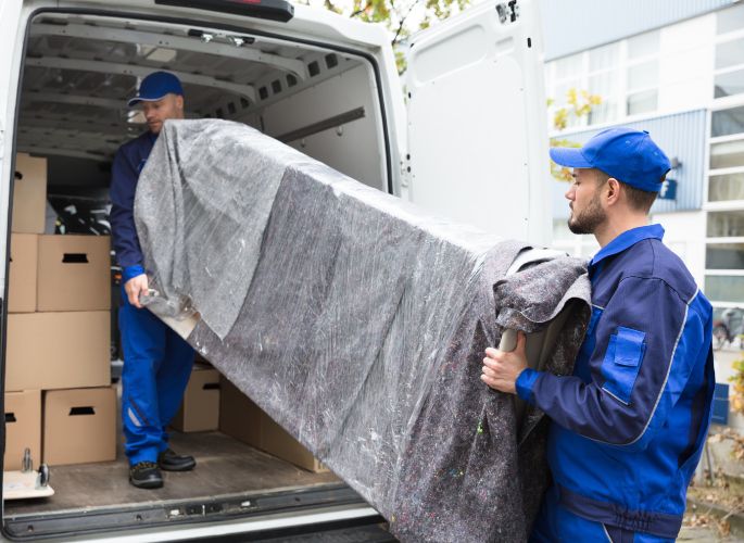 Möbel werden in ein Fahrzeug geladen